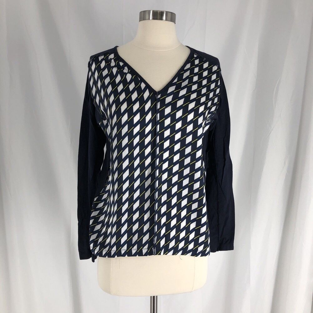 DKNY Women's Navy Long-Sleeve Mixed-Media V-Neck Top Shirt Size M